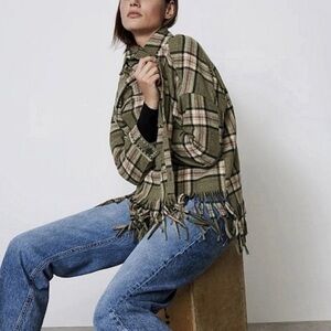 Zara Plaid Flannel Oversized Shacket with Fringe Hem and Studded Detailing